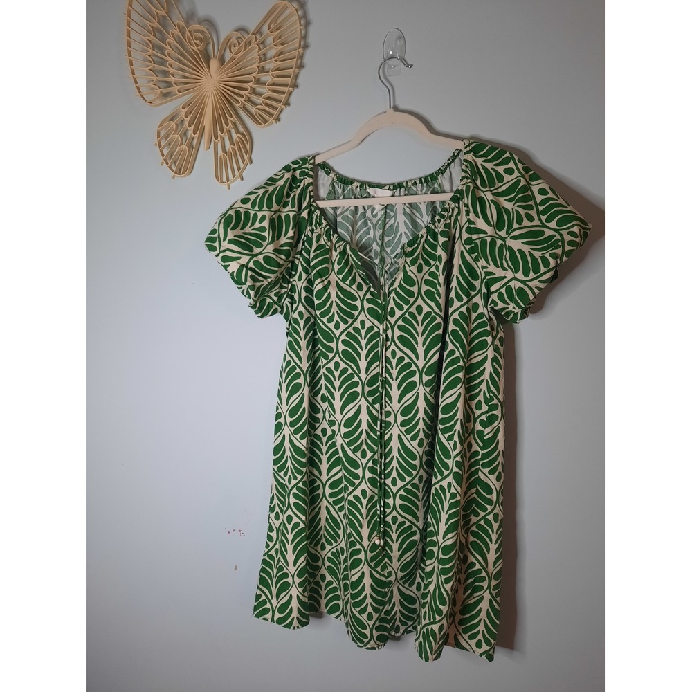 H&M Green White Leaf Print Cotton Knee Length Dress Palm Tree Charm Size Medium